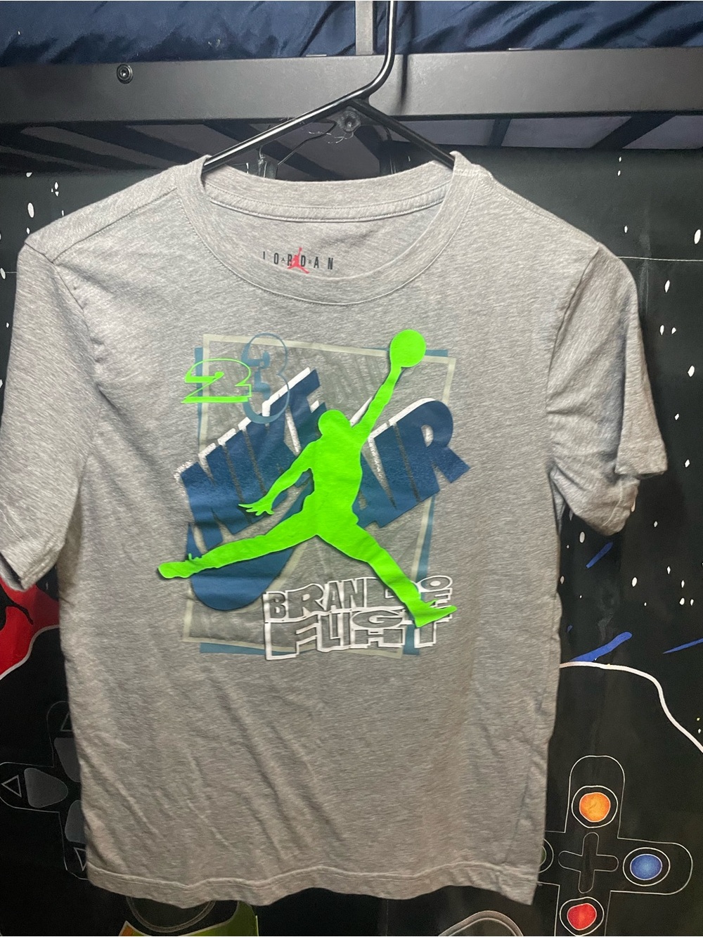 Jordan Men’s Gray Short Sleeve Tee with Neon Green Jumpman and Blue Nike Air